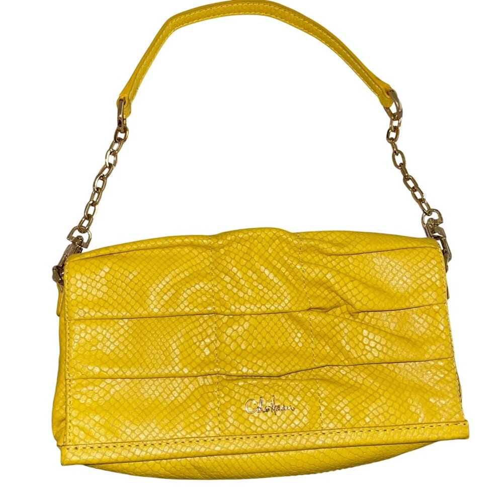 Cole Haan Womens Yellow Reptile Embossed Leather Convertible Clutch Shoulder Bag